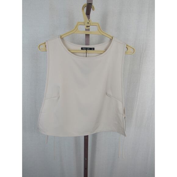 NWT Nastygal Tie Side Sleeveless Crop Top Stone US 10 White Ivory Open Sides - Picture 2 of 4